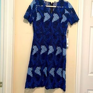 Elie Tahari Royal and Light Blue Lace Midi Dress